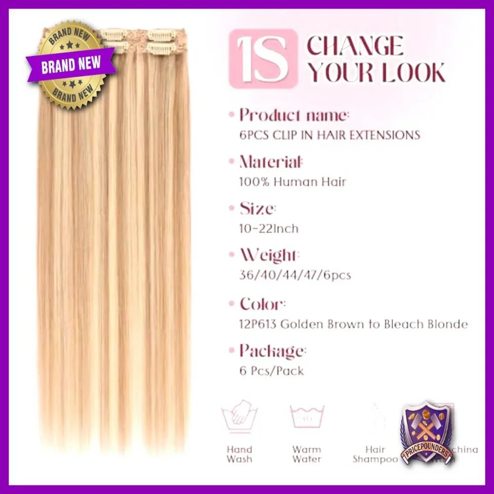6-Piece Clip-In Human Hair Extensions 16 Inch Straight Seamless